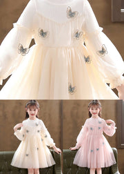 Apricot Patchwork Tulle Kids Girls Dresses Wrinkled Butterfly Fall