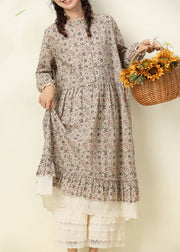 Apricot Pockets Patchwork Cotton Dress O Neck Long Sleeve