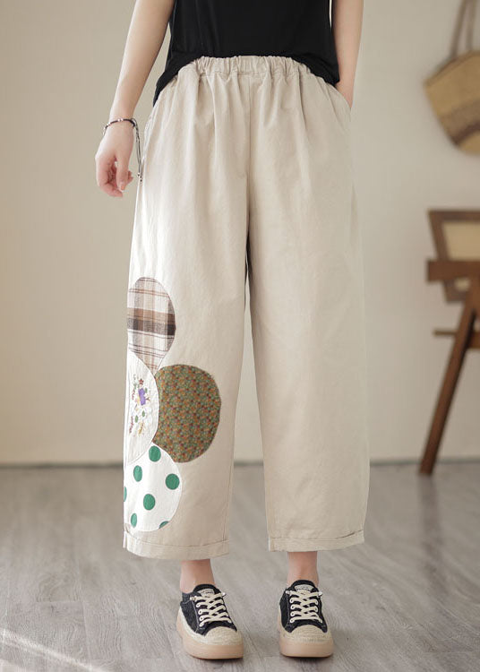 Apricot Pockets Patchwork Cotton Straight Crop Pants Embroideried Summer