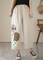 Apricot Pockets Patchwork Cotton Straight Crop Pants Embroideried Summer