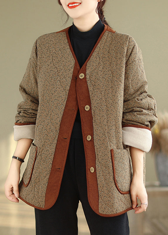 Apricot Pockets Print Warm Fleece Coat Outwear V Neck Winter