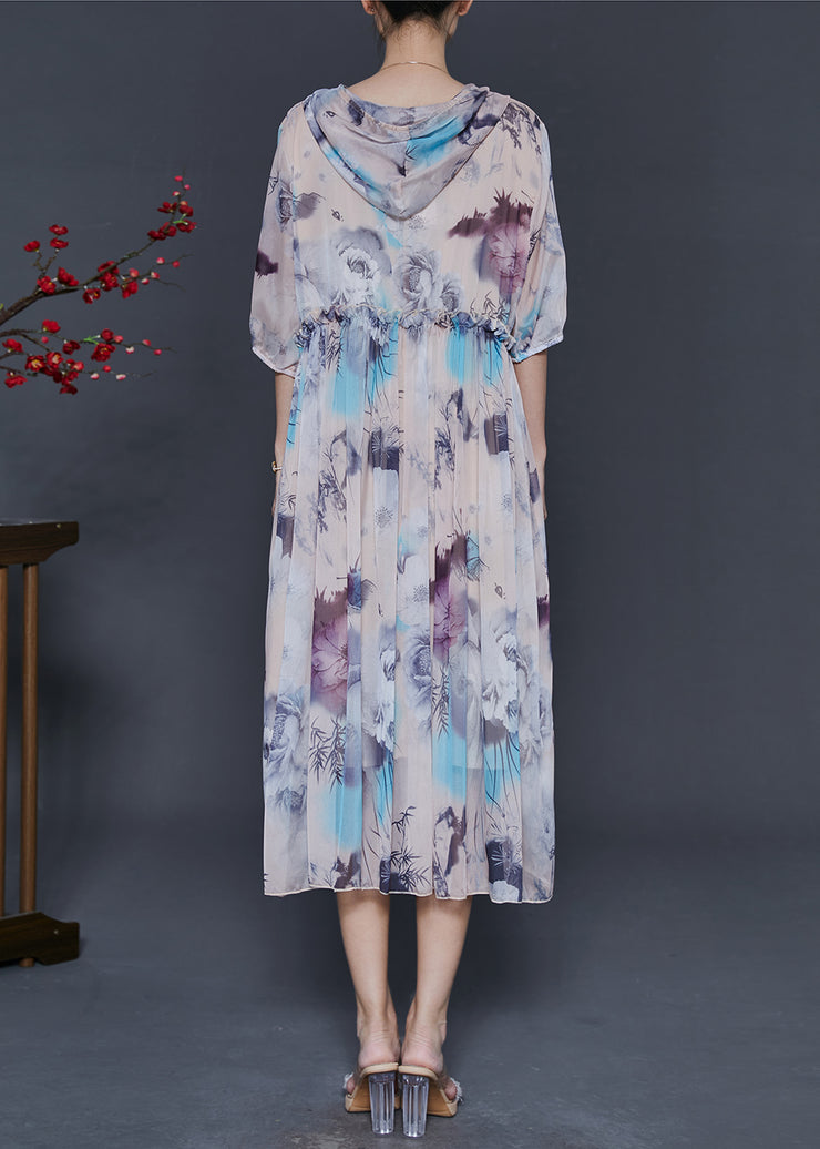 Apricot Print Chiffon Hoodie Dress Ruffled Summer