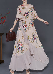 Apricot Print Chiffon Long Dresses Exra Large Hem Cloak Sleeves