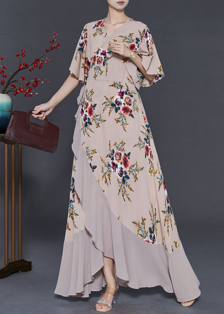 Apricot Print Chiffon Long Dresses Exra Large Hem Cloak Sleeves