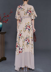 Apricot Print Chiffon Long Dresses Exra Large Hem Cloak Sleeves