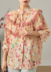 Apricot Print Chiffon Top Double-layer Wrinkled Summer