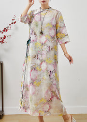 Apricot Print Linen Oriental Dress Mandarin Collar Summer