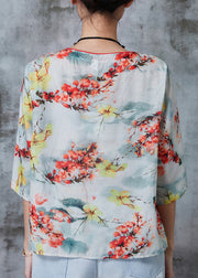 Apricot Print Linen Shirt Top Chinese Button Summer
