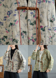 Apricot Print Pockets Cotton Fall Coats V Neck