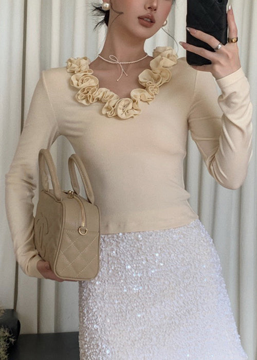 Apricot Ruffled Solid Cotton T Shirt V Neck Spring