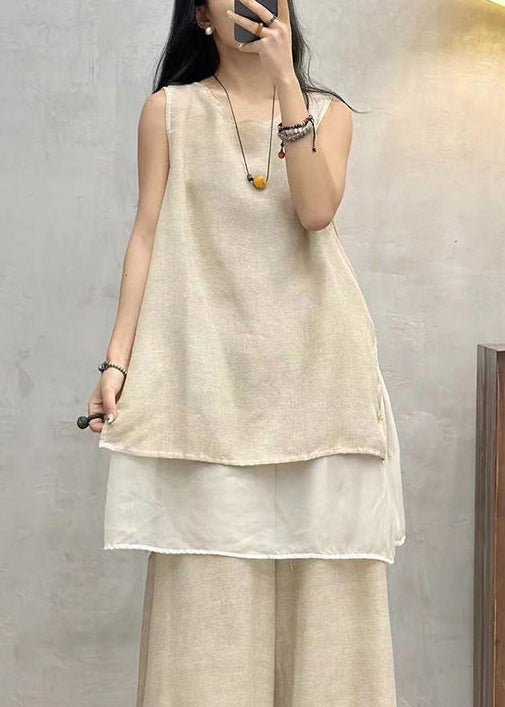 Apricot Side Open Patchwork Cotton Tank O Neck Summer