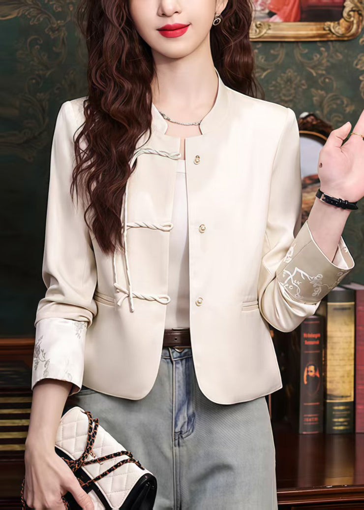 Apricot Silk Coats Tasseled Mandarin Collar Spring