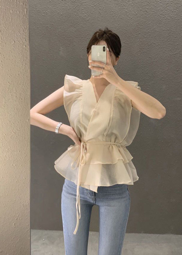 Apricot Slim Fit Shirt Top V Neck Tie Waist Sleeveless