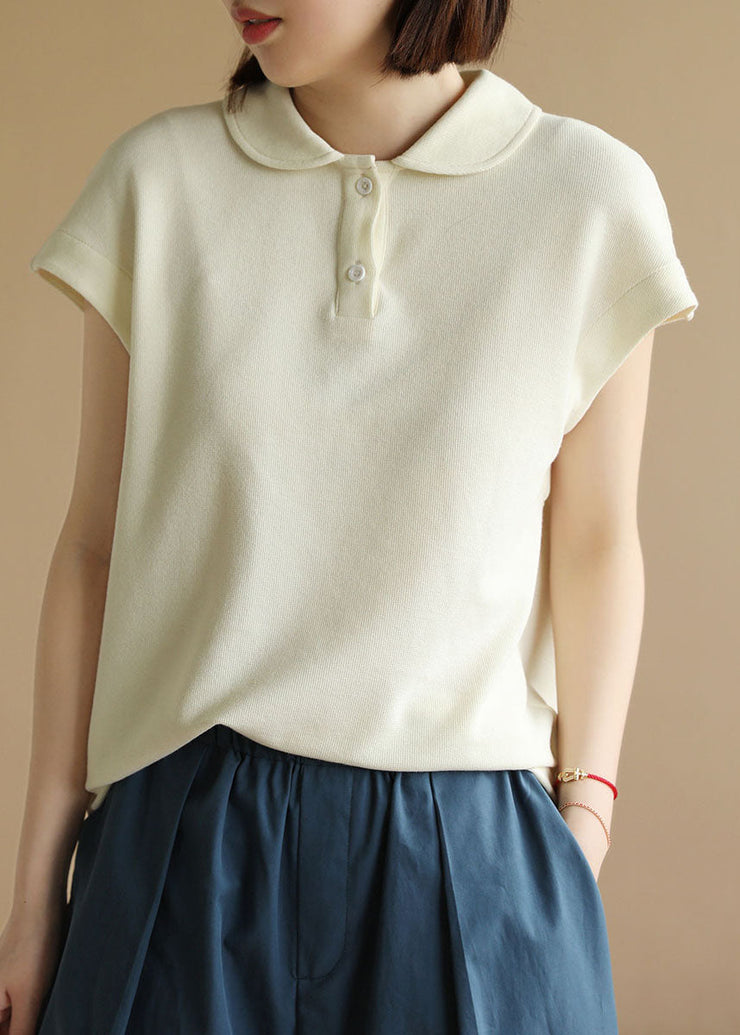 Apricot Solid Cotton Tank Peter Pan Collar Short Sleeve