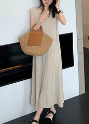 Apricot Solid Cozy Knit Long DressO Neck Sleeveless