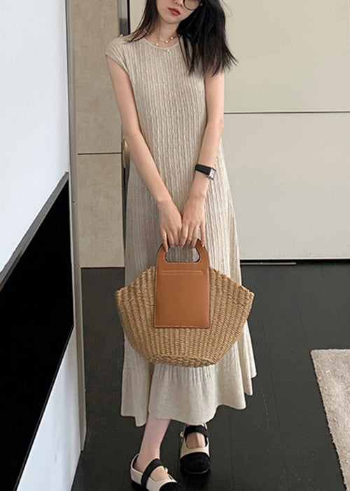 Apricot Solid Cozy Knit Long DressO Neck Sleeveless