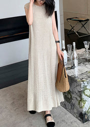 Apricot Solid Cozy Knit Long DressO Neck Sleeveless