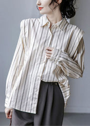 Apricot Striped Cotton Shirt Tops Turn-down Collar Button Long Sleeve