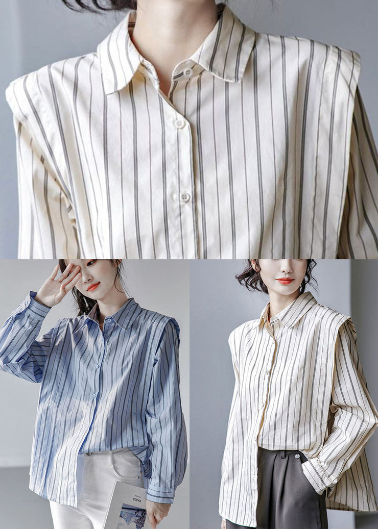 Apricot Striped Cotton Shirt Tops Turn-down Collar Button Long Sleeve