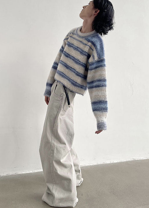 Apricot Striped Knit Pullover O-Neck Oversized Winter