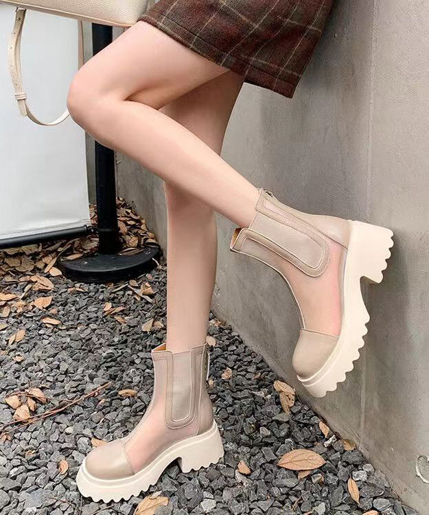 Apricot Stylish Hollow Out Breathable Tulle Splicing Chunky Boots