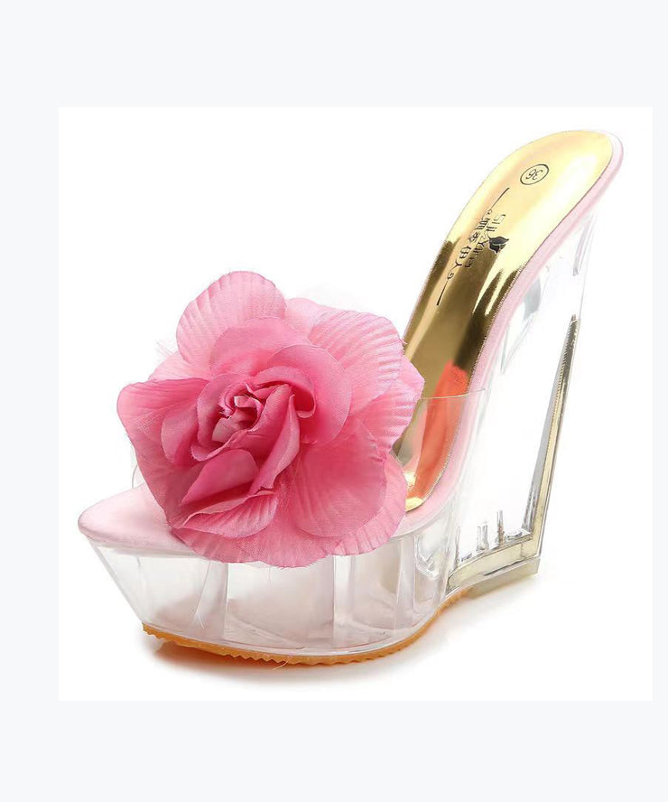Apricot Stylish Wedge Heels Slide Sandals Peep Toe Floral