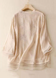 Apricot Tulle Patchwork Cotton Shirts V Neck Half Sleeve