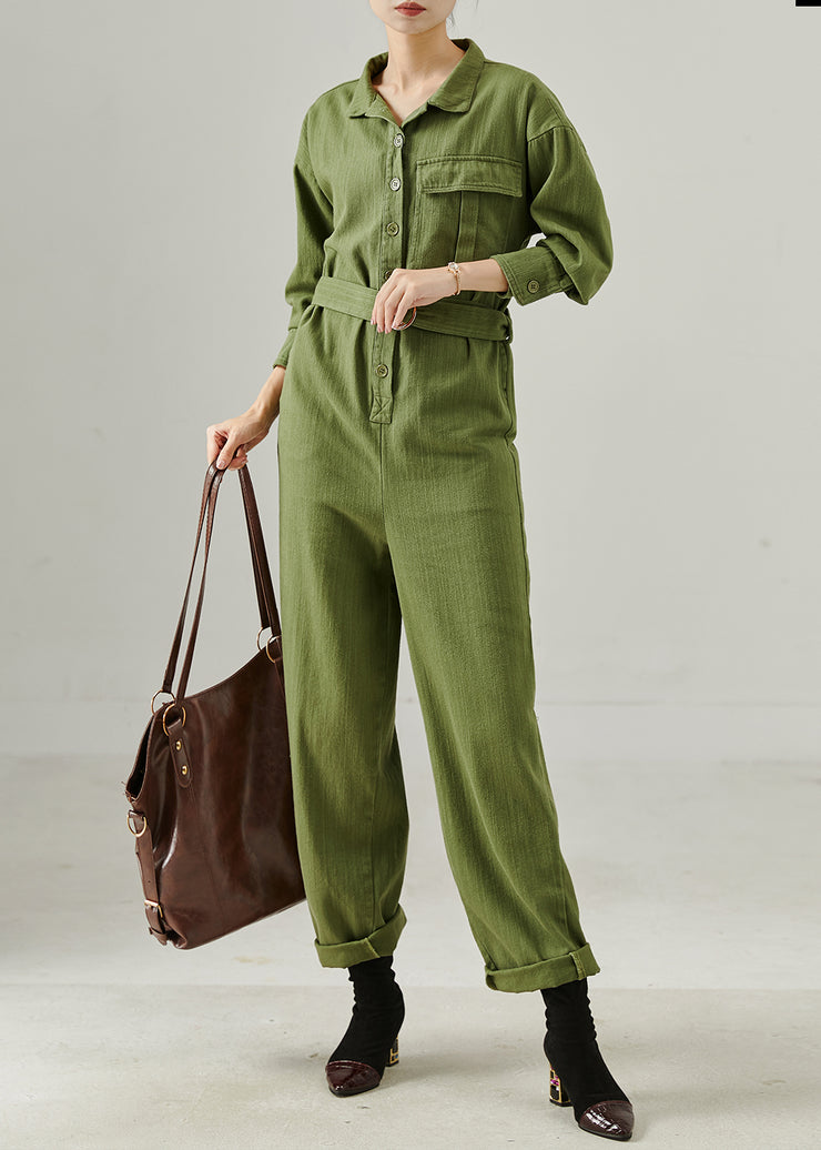 Army Green Cotton Overalls Jumpsuits Tie Waist Fall