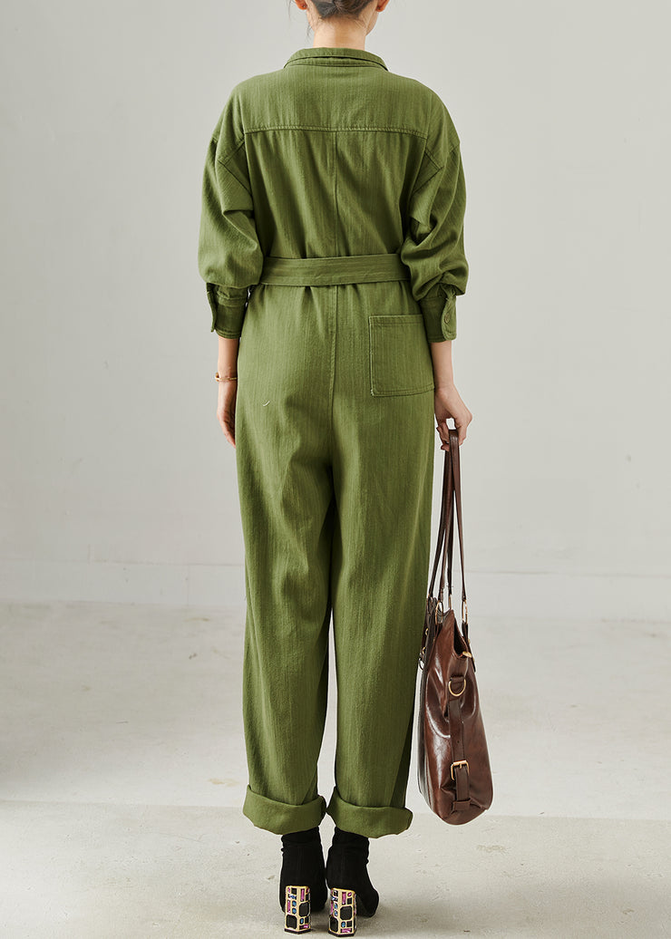 Army Green Cotton Overalls Jumpsuits Tie Waist Fall