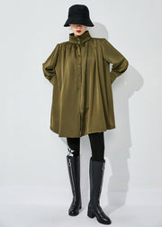 Army Green Draping Silk Shirt Top Oversized Wrinkled Spring