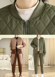 Army Green Fine Cotton Filled Two Piece Set Cinched Pockets Winter