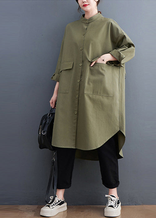 Army Green Oversized Cotton Shirt Dresses Pockets Fall