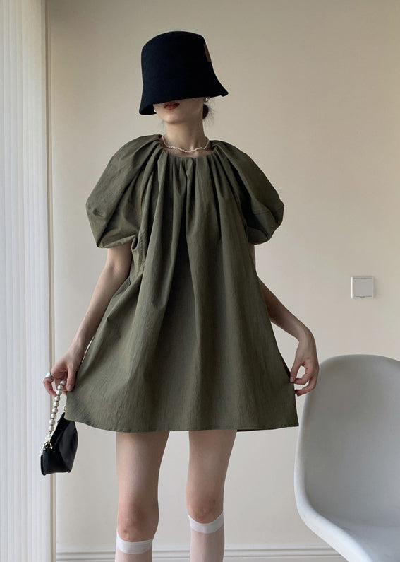 Army Green Patchwork Cotton Mid Dresses O Neck Puff Sleeve