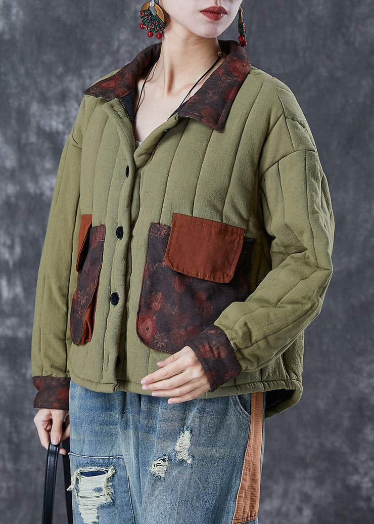 Army Green Patchwork Pockets Fine Cotton Filled Coat Oversized Winter