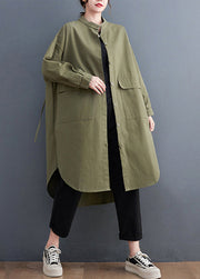 Army Green Pockets Cotton Shirts Coats Stand Collar Fall