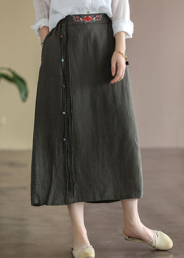 Army Green Pockets Patchwork Cotton Skirt Embroidered Summer