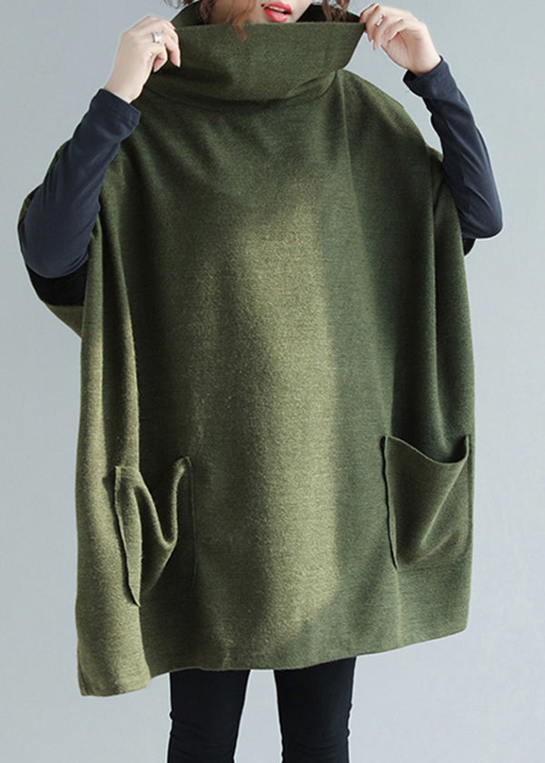 Army Green Pockets Patchwork Knit Sweaters Tops Hign Neck Fall