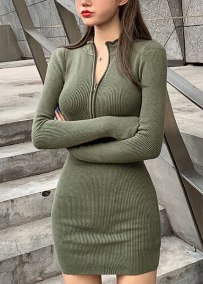 Army Green Solid Knit Sweater Dress Zip Up Spring