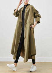 Army Green Spandex Trench Coats Zip Up Drawstring Fall