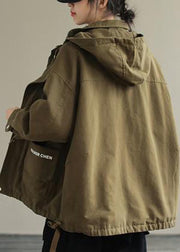 Army Green Zippered Cotton Hooded Cotton Coats Long Sleeve