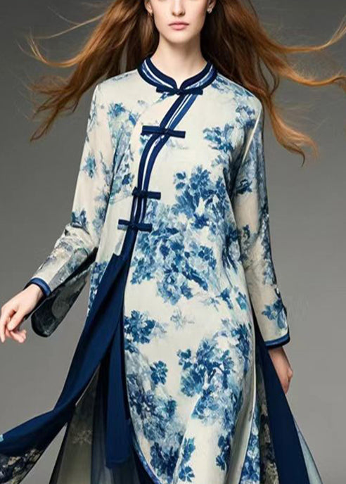 Art Apricot Asymmetrical Print Chiffon Oriental Dresses Spring