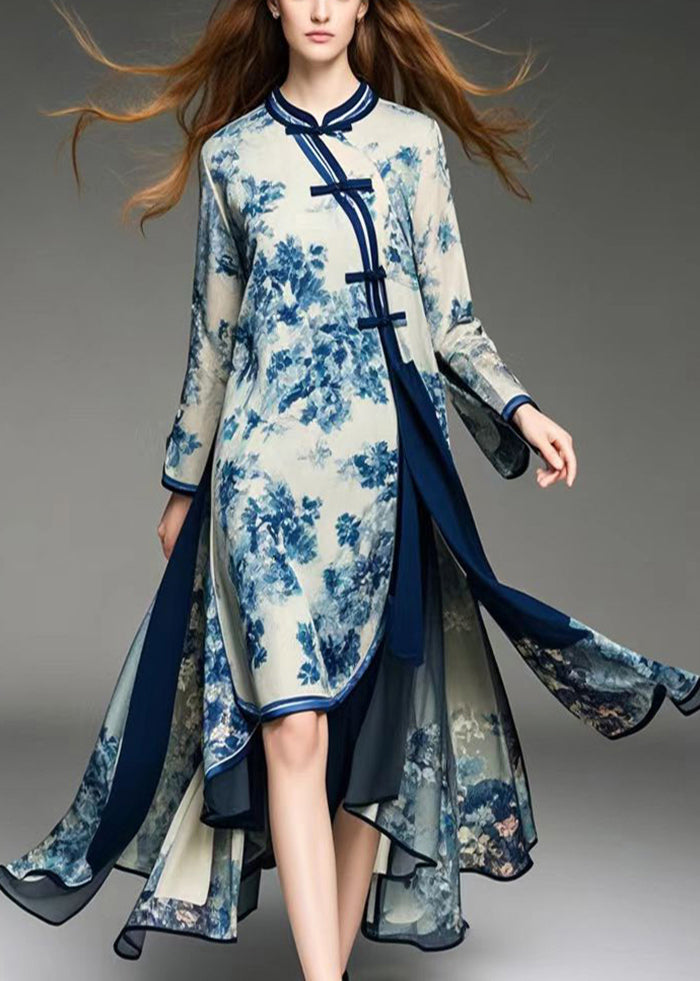 Art Apricot Asymmetrical Print Chiffon Oriental Dresses Spring