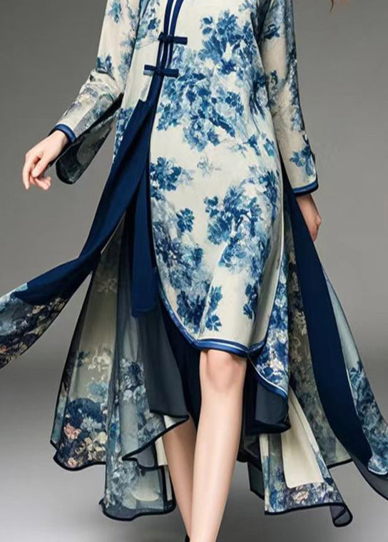 Art Apricot Asymmetrical Print Chiffon Oriental Dresses Spring