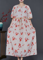 Art Apricot Cinched Plum Blossom Print Cotton Holiday Dress Summer