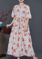 Art Apricot Cinched Plum Blossom Print Cotton Holiday Dress Summer