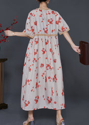 Art Apricot Cinched Plum Blossom Print Cotton Holiday Dress Summer