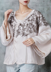 Art Apricot Embroidered Oversized Silk Shirt Tops Spring