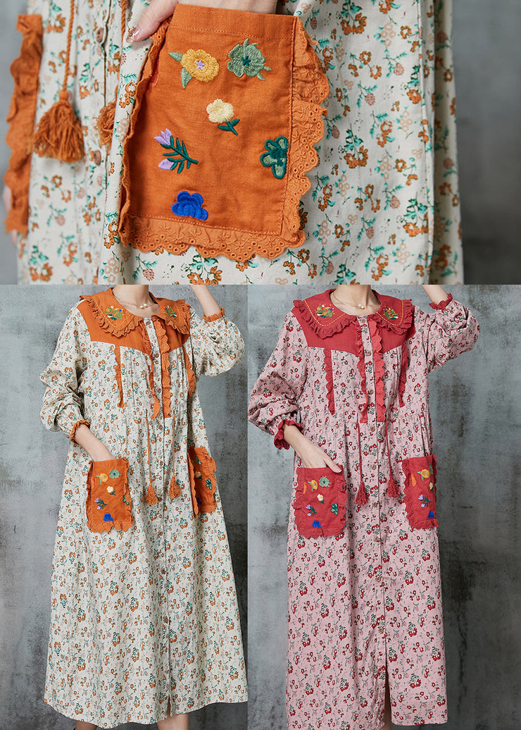 Art Apricot Embroidered Patchwork Linen Robe Dresses Spring
