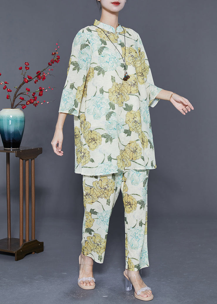 Art Apricot Oversized Floral Print Side Open Cotton Two Piece Set Outfits Summer