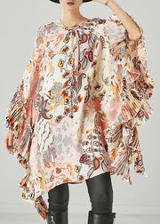 Art Apricot Print Ruffles Chiffon Maxi Dress Batwing Sleeve